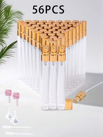 56 pezzi Bottigliette di profumo in vetro portatili, 10ml/5ml/2ml/3ml Mini bottiglie da viaggio ricaricabili per fragranze, flaconi spray in alluminio con ugello a nebulizzazione fine, flaconi spray completi in oro e argento, include 6 strumenti di erogazione, senza PVC, inodore, essenziali per i viaggi