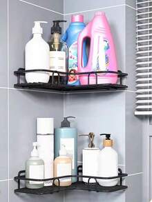 1/2pcs Wall-Mounted Bathroom Storage Rack, No-Hole Bathroom Shelf, Shower Caddy Organizer With Hooks, For Vanity Wall Mount Storage, Bathroom Decor & Accessories, Practical Shelf