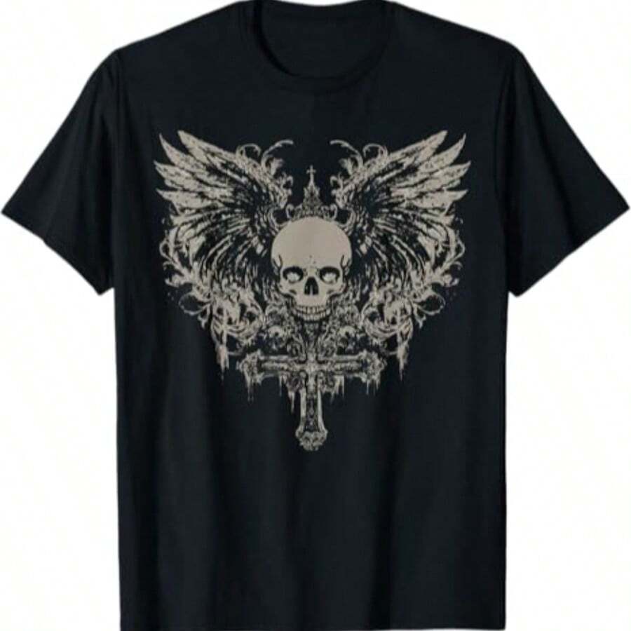 Veenajo Men's Gothic Graphic Tees Skull Print Drop Shoulder Short Sleeve Y2K Streetwear Tshirt Top - 黑色3 - 查看 1