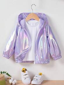 1 pieza Chaqueta corta de moda para niña, Ropa exterior con capucha con cremallera iridiscente casual unisex, Primavera/Otoño