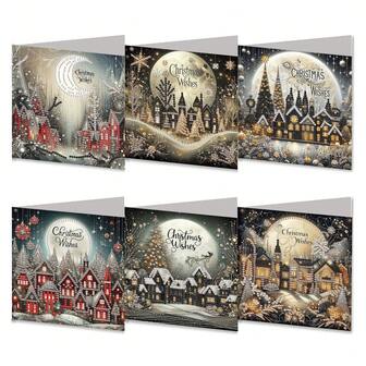 6 قطع/12 قطعة/طقم بطاقات تهنئة بالرسم بالألماس للكريسماس - تصاميم منزل القمر والشجرة في ليلة عيد الميلاد، مناسبة لتقديم التبريكات للأحباء، طقم هدايا فريدة مصنوعة يدويًا للكريسماس والعام الجديد وعيد الحب والعيد والميلاد. يأتي طقم الرسم بالألماس مع مغلفات.