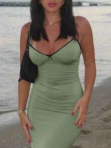 Women's Elegant Sexy Light Brown Knitted Bowknot Decor Camisole Bodycon Dress, Suitable For Afternoon Tea, Shopping, Vacation Or Party Wear, Spring/Summer/All Season Maxi Dress