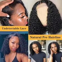 4x4 Put On And Go Glueless Bob Human Hair Wigs Kinky Curly For Women Lace Frontal Human Hair Pre Plucked With Baby Hair 180% Density Natural Color Ready To Go - Natural Black - 查看 10