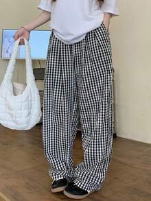 Plaid Clash Drapeado Mujeres Verano de talle alto de pierna recta Arrastre Pantalones Pantalones Largos Pantalones casuales de corte recto y corte holgado con rayas de colores lisos Pantalones de Mujer - Negro - Ver 1