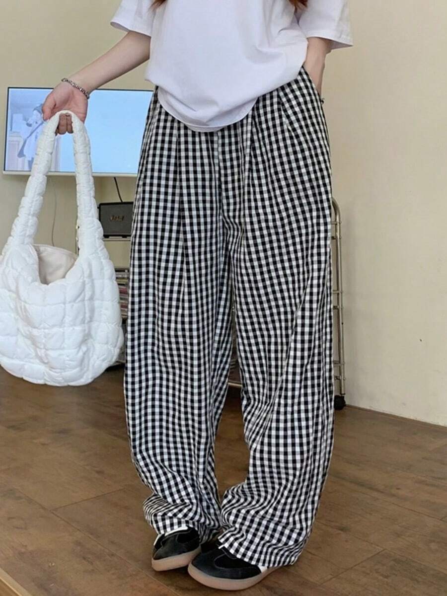 Plaid Clash Drapeado Mujeres Verano de talle alto de pierna recta Arrastre Pantalones Pantalones Largos Pantalones casuales de corte recto y corte holgado con rayas de colores lisos Pantalones de Mujer - Negro - Ver 1