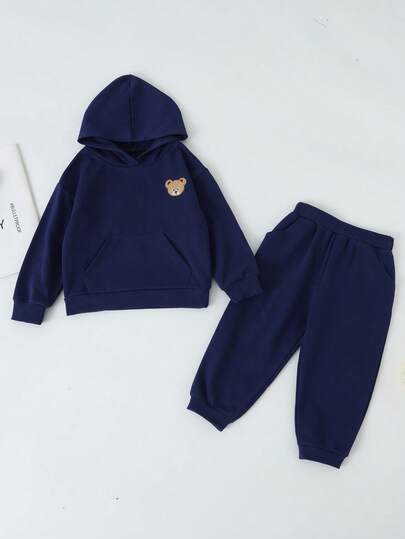 Timzgo 2 sztuki/zestaw dziecięcych bluz z kapturem, dziewczęca bluza z kapturem i haftowanym misiem + spodnie sportowe, chłopięca, wygodna, modna bluza z kapturem i rękawami typu raglan do noszenia na zewnątrz