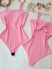 Women's Bodysuit With Braided Straps, Anarruga Fashion Blogger - Baby Pink - View 1