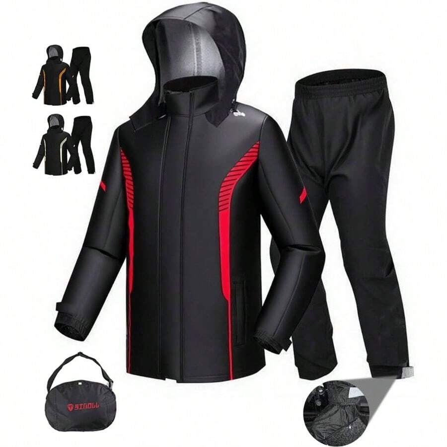 Impermeable Motociclista Reflejante con Capucha, Alta Calidad Chubasquero Reflectante para Mujer y Hombre, Conjunto de Impermeables para Moto con Cubrezapatos - Grande + Rojo - Ver 1