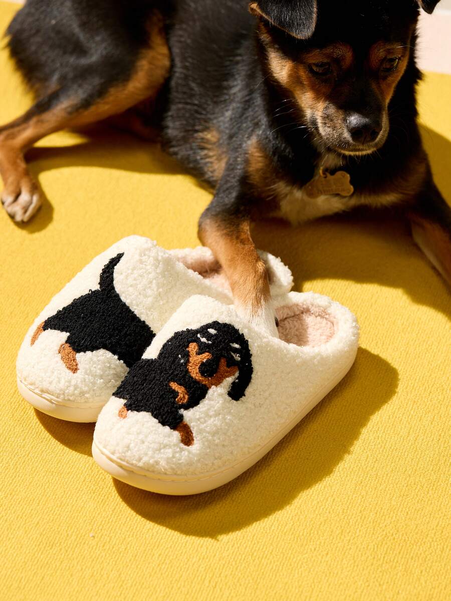 Joivida Plush Dachshund Embroidered Thick Sole Checkered Furry Indoor Slippers, Anti-Slip Warm Ladies Home Cartoon Dog Slippers,Halloween