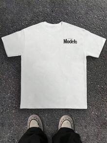 1pc Modelo Graphic Print Men's 100% Cotton T-Shirt,  Casual Sports Style Top T-Shirt,  Fashionable Street Style, Suitable For Travel And Sports Wear - 白色 - 查看 6