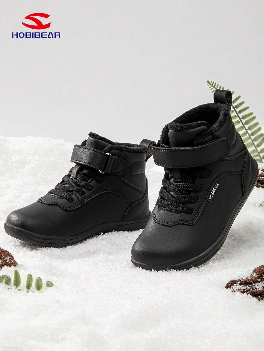HOBIBEAR 1双青少年户外雪地靴，简约纯色防滑防水鞋，保暖内衬，男女童均适用，冬季款 - 黑色 - 查看 1