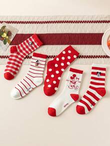 5双装正品迪士尼女士袜子，米奇刺绣红色新年礼物袜，卡通圣诞刺绣袜，新年动画袜，男女通用卡通英雄袜，创意趣味迪士尼袜子 - 彩色 - 查看 5