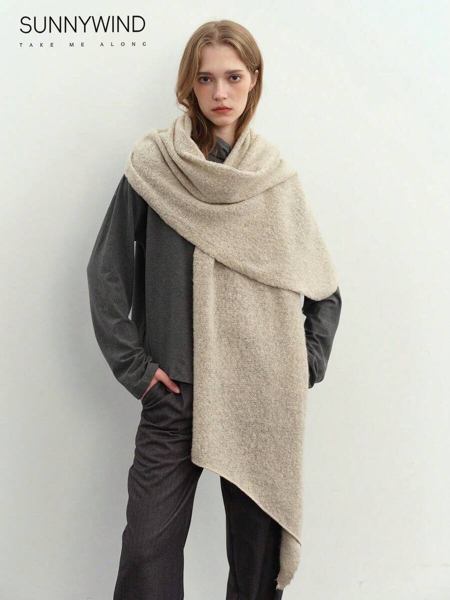 1pc Women Solid Color Soft Knit Scarf, Everyday Use For Dress - Beige - View 1