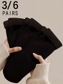 3/6双装女士黑色条纹保暖中筒袜，简约百搭，适合秋冬季穿着 - 黑色 - 查看 2