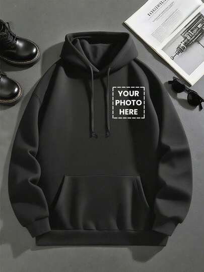 Customized Text & Image Printed Thermal Lined Hoodie For Plus Size Men, Upload Your Favorite Quotes, Interesting Text Customization, Upload Photos Of Your Loved Ones, Friends, Family, Scenery, Pets