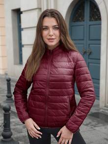 ZIAI Women's Lightweight Down Jacket, Solid Color Stand Collar, Winter - Burgundy - View 2