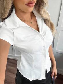 Rikumo 阳光少女风夏季女装 Y2K 学院风毕业季纽扣设计翻领休闲可爱褶皱修身短袖白色衬衫 冬季 - 白色 - 查看 2