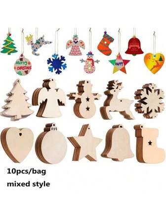 10 Pcs DIY Unfinished Wooden Hanging Decor Santa Claus, Christmas Tree, Bell, Penguin, Deer, Snowman,Stocking Blank, Unpainted Pendant For Christmas Tree,Home Decoration(Mixed Style)