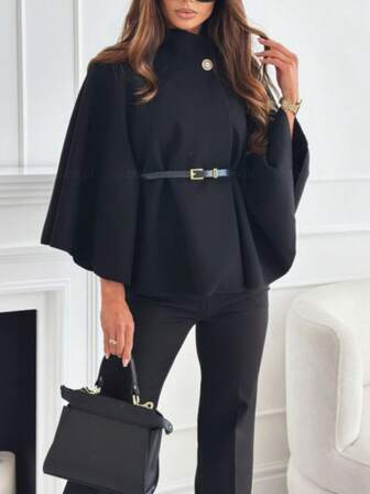 1pc Women's Solid Color Fashion Waist Tie Woolen A-Line Cape Coat, Autumn/Winter