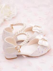 Girls' Crystal High Heel Sandals With Bow, Princess Shoes, White
