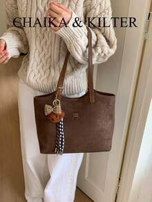 1 pezzo Borsa a spalla in tessuto scamosciato tinta unita, borsa casual retrò da donna con chiusura a scatto e cerniera, borsa a tracolla di grande capacità adatta per viaggi, shopping, appuntamenti, regalo da donna, adatta per ragazze adolescenti, studenti universitari e lavoratori d'ufficio, ideale per ufficio, scuola, lavoro, pendolarismo, attività all'aperto, viaggi, picnic (venduta con ciondolo)