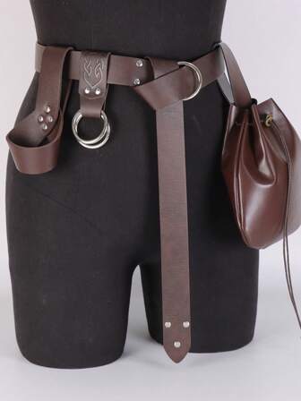 4 piezas Cinturón de cuero PU estilo medieval retro, funda para espada, bolsa de monedas, clip para falda para Halloween, Renacimiento, Vikingo, LARP, Cosplay, Accesorios