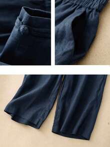 Women's Simple, Comfortable, Casual, Breathable, Elastic-Waist Linen Long Pants Designed For Spring, Summer, And Autumn. The Pants Feature Hand-Stitched Button Decorations. - Navy Blue - View 2