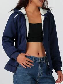 女士保暖连帽外套，简约纯色，常规长度，休闲风格，适合日常穿着，秋冬季 - 藍色 - 查看 3