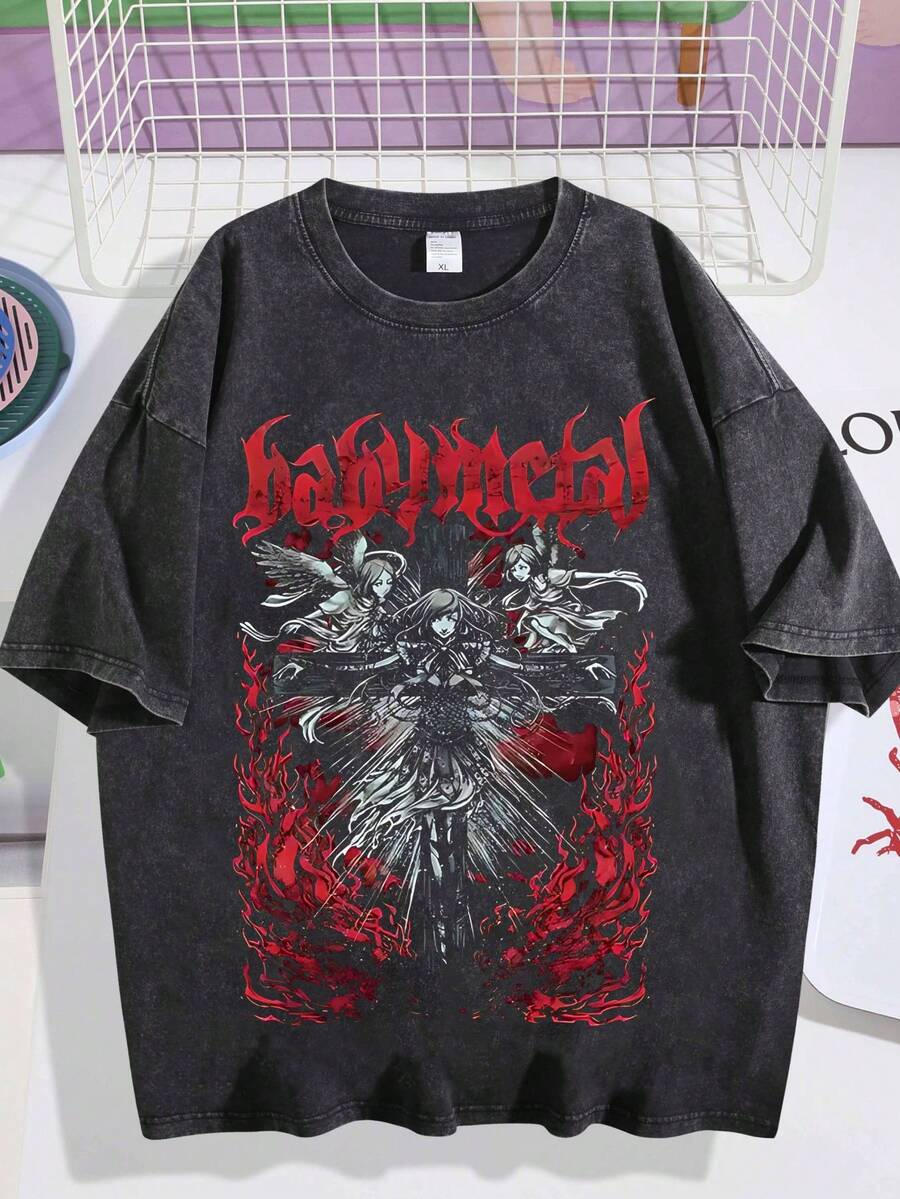 EWH BabyMetal Print From Heavy Metal Band, Men's Washed T-Shirt, Vintage Distressed Loose And Fashionable Short Sleeved TopDG004 - màu đen - Xem 1