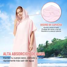 Poncho Microfibra Natacion, Bata para Natacion Secado Rápido y Cómodo, Bata de Baño con Capucha, Poncho de Toalla para Cambiarse para Mujeres y Hombres en Playa, Surf y Natación (Rosa) - Rosa - Ver 7