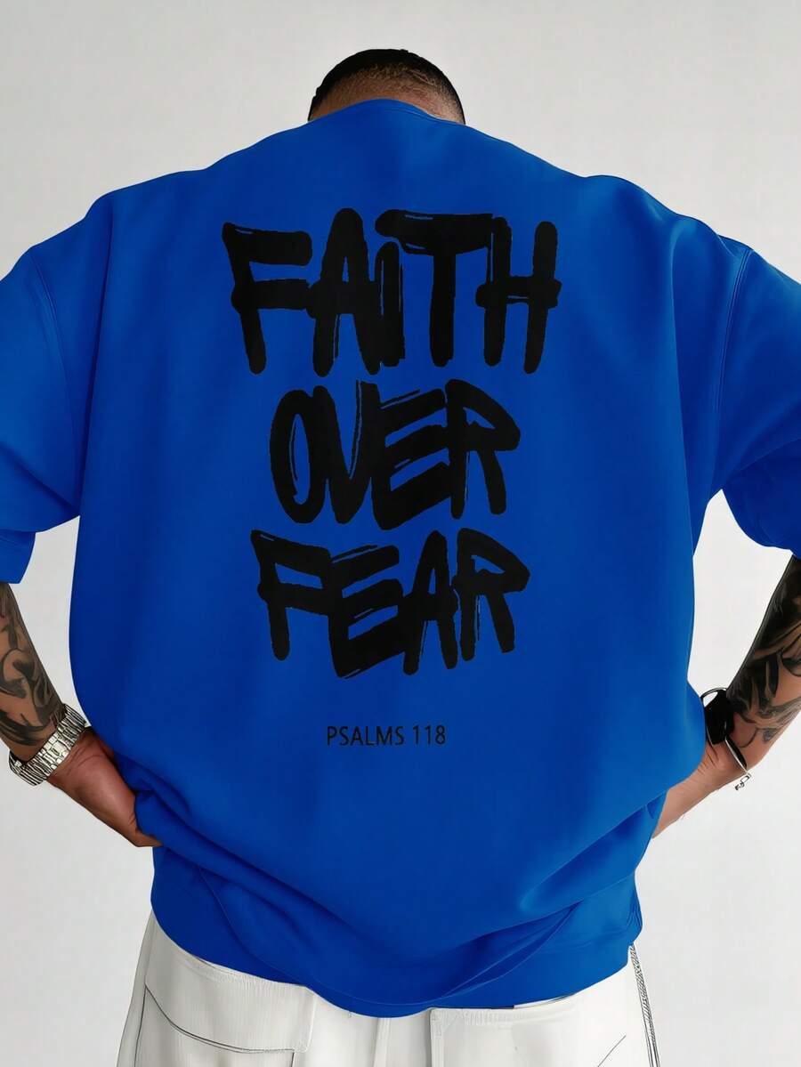 Men's Oversized T-Shirt White FAITH OVER FEAR Psalms 118 Graphic Print For Casual Wear - 藍色 - 查看 1