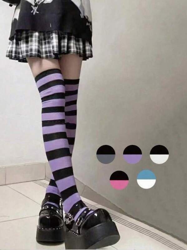 1 par de medias altas de mujer a rayas, con rayas de colores de moda, medias muslo, medias largas, medias para niñas, medias para fiestas, medias de baile, estilo punk, rockstar, para uso diario