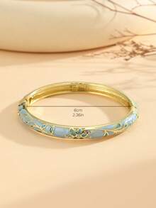 1pc Fashionable New Gold-Plated Floral Pattern Enamel Rhinestone Bracelet, Suitable For Girls And Women - Blue - View 4