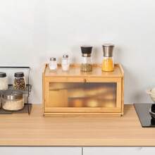 Bread Box For Kitchen Counter, Large Capacity Bamboo Bread Storage Container, Farmhouse Wooden Breadbox Organizer For Homemade Bread, Storage Holder Bin With Acrylic Wavy Door Panel, Natural - Rectangular Single-layer Natural Wood - View 1