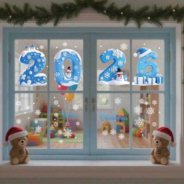 Pegatinas estáticas de Navidad Año Nuevo Copos de nieve Árbol de Navidad Ciervos Fiesta de Navidad Decoración de ventanas de centro comercial Pegatinas 2026 Año Nuevo Copos de nieve Papá Noel Muñeco de nieve Pegatinas sin pegamento para ventanas
