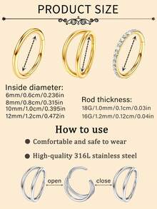 3pcs Inlaid Synthetic Zirconia Nose Ring Earrings 316 Surgical Steel Double Ring Nose Ring 18G Hinge CZ Puncture Jewelry Lip Ring Cartilage Earrings Spiral Hook Earrings, Size: 7mm/8mm/9mm/10mm, Suitable For Daily Party And Vacation Wear, Valentine's Day, Mother's Day, Thanksgiving, Halloween, Birthday Gifts And Bar Dancing, Travel, Work - 3pc Nose Ring - View 8