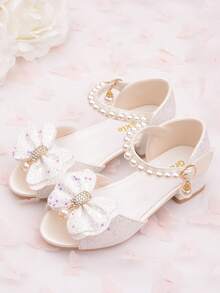 Girls' Crystal High Heel Sandals With Bow, Princess Shoes, White