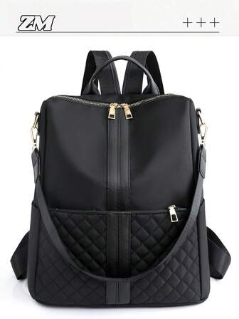 Women's Large Capacity Casual Backpack With Stitching Design, Solid Color Multipurpose Shoulder Bag & Handbag