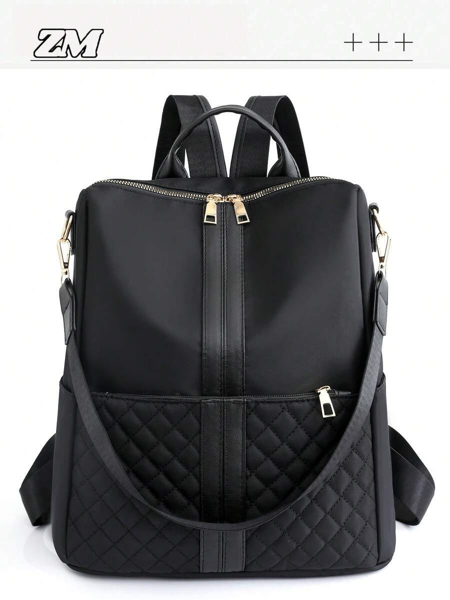 Women's Large Capacity Casual Backpack With Stitching Design, Solid Color Multipurpose Shoulder Bag & Handbag