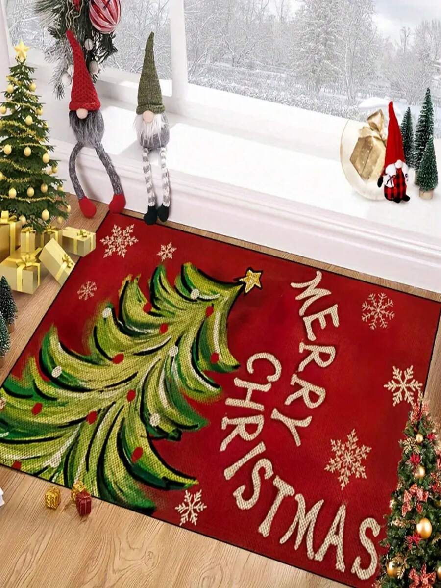 1pc New Christmas Tree Doormat, Suitable For Living Room, Bedroom, Indoor - Machine Washable - Flannel Material, Delicate Wrap, Skin-Friendly, No Pilling, Water-Resistant Easy Care, Odorless - Ideal For Home Decor, Room Decor, Living Room Carpet, Bedroom Carpet, Bathroom Carpet, Kitchen Carpet, Area Rug, Hotel Decor - Area Rug, All Season Use.