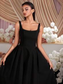 Váy dự tiệc midi cổ vuông ren cạp cao màu đen thanh lịch cho buổi dạ hội, tiệc sinh nhật, hẹn hò buổi tối, tiệc về quê, tiệc cưới, tiệc cocktail cho khách, lễ hội gia đình - màu đen - Xem 10