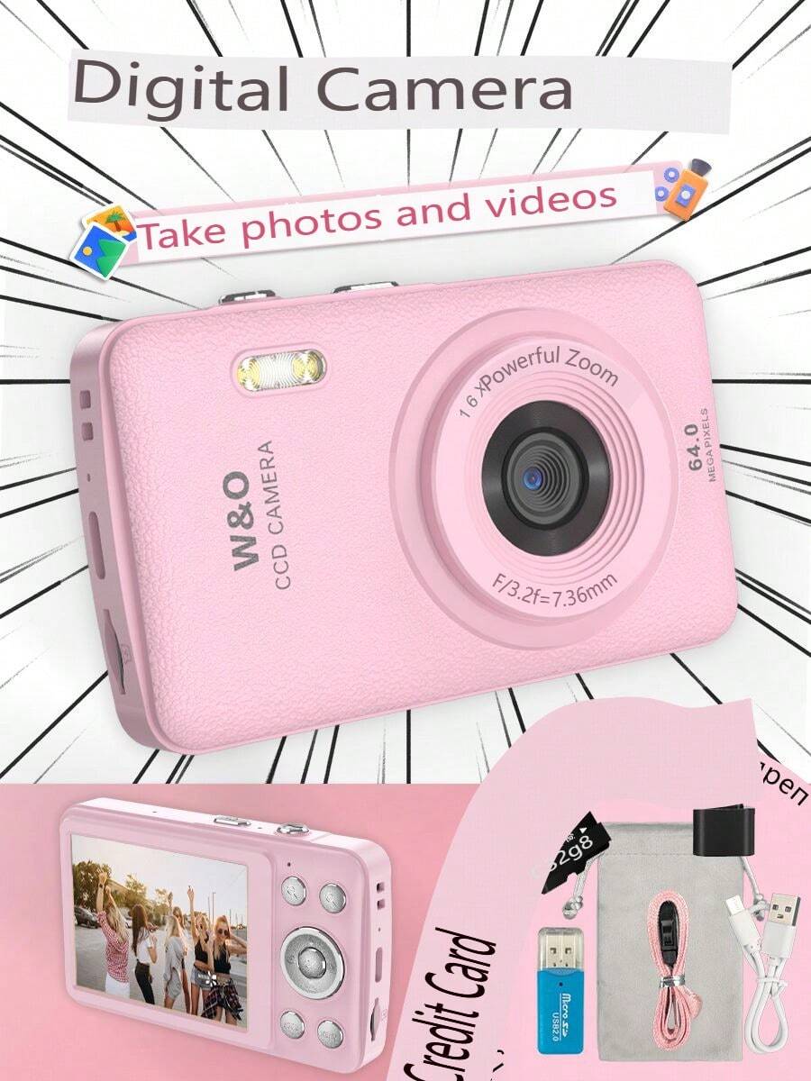 W&O 2025 New 1080P FHD Digital Camera With 32GB Card, Compact Small Cheap Cameras, Rechargeable Photography Camera, 48MP Auto Focus Camera, Puzzle Game,Very Suitable For Entry-Level Novice Photography And Video Recording Enthusiasts. Budget-Friendly Holiday Gift (Thanksgiving, Christmas, Halloween) - Hồng - Xem 1