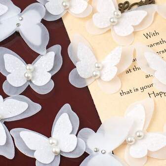 10pcs/Pack Double-Layer Lace Patch Applique, 3D Pearl Butterfly Decor Patch, Handmade DIY Wedding Bridal Veil Decoration, 4*4cm