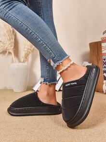 男士绗缝厚底拖鞋，舒适毛绒衬里，厚 EVA 鞋底，男女通用时尚拖鞋 - 黑色 - 查看 6