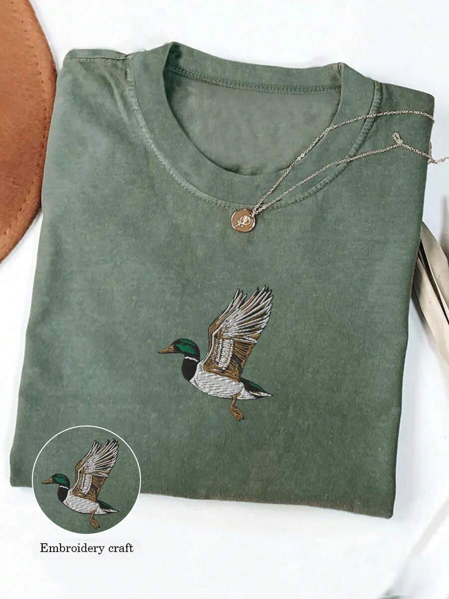 Women's Casual Round Neck Short Sleeve T-Shirt With Cute Duck Embroidery, Suitable For All Seasons