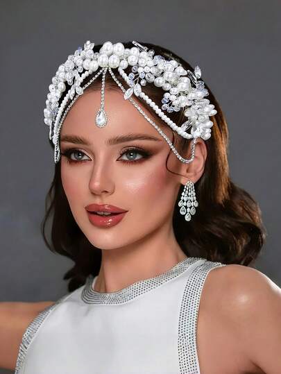 1pc Delicate And Elegant Women's Headpiece, An Faux Pearl And Crystal Hairband With A Forehead Pendant, Bridal Accessory, Color-Blocking Design, Wedding Party Photography Hair Accessory, And Gift For Bridesmaids