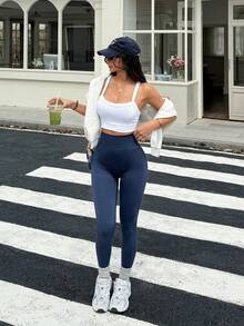 Women's Light Seamless Knit Stretchy Leggings, Comfortable & Slimming, Suitable For Yoga, Pilates, Running, Cycling, Fitness, Outdoor & Casual Sports - Dusty Blue - View 5