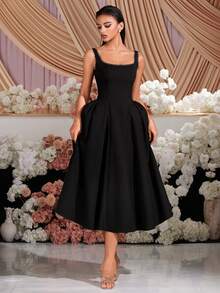 Váy dự tiệc midi cổ vuông ren cạp cao màu đen thanh lịch cho buổi dạ hội, tiệc sinh nhật, hẹn hò buổi tối, tiệc về quê, tiệc cưới, tiệc cocktail cho khách, lễ hội gia đình - màu đen - Xem 4