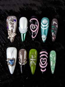 10 Pieces Of Handcrafted Press-On Nails In Pure Pink-Purple Tone, Featuring Fresh 3D Three-Dimensional Petal Decorations With Blushing Gradient, Gold-Plated Bowknot Rhinestone Embellishments, And French Pastoral-Style Plant Patterns. This Reusable Press-On Nail Set Gives You A Romantic And Gentle Look, Perfect For Dates And Festivals.