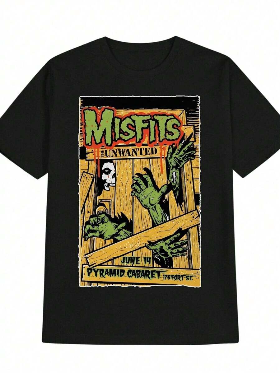 Men's Misfits Graphic T-Shirt - Black Casual Crew Neck Tee With Vintage Punk Rock Design, Skeleton Hands & Pyramid Cabaret Print, Summer Streetwear Gift For Adults - màu đen - Xem 1